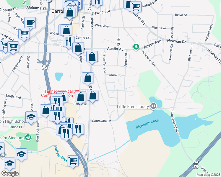 map of restaurants, bars, coffee shops, grocery stores, and more near 110 Ridgecrest Avenue in Carrollton