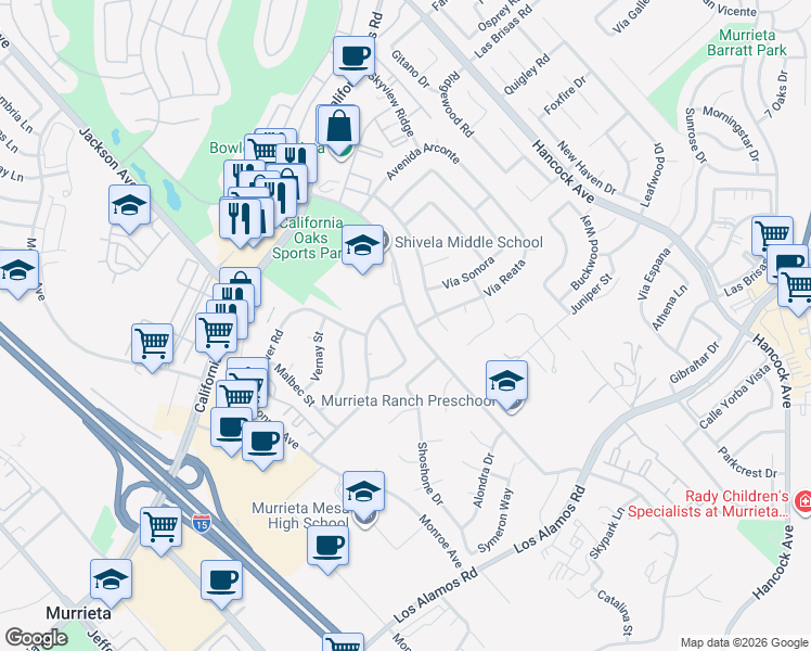 map of restaurants, bars, coffee shops, grocery stores, and more near 24641 Lincoln Avenue in Murrieta