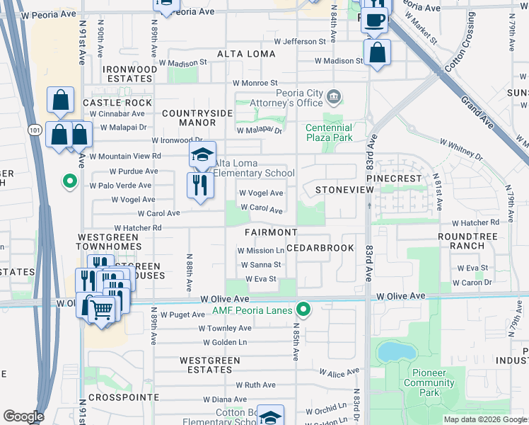 map of restaurants, bars, coffee shops, grocery stores, and more near 8543 West Vogel Avenue in Peoria