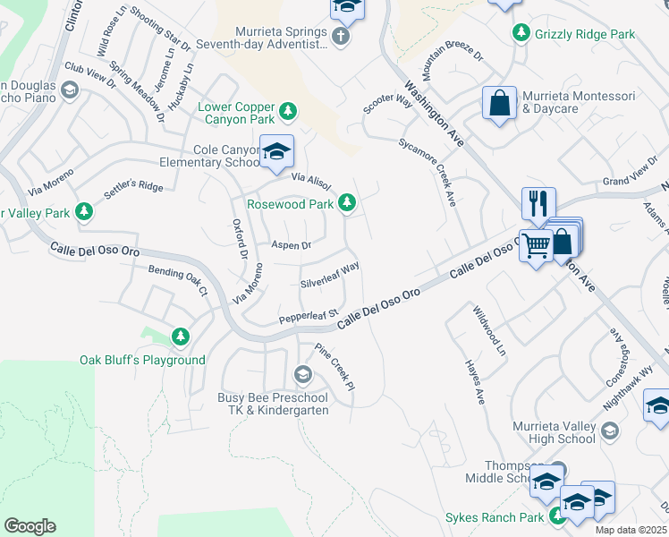 map of restaurants, bars, coffee shops, grocery stores, and more near 23920 Silverleaf Way in Murrieta