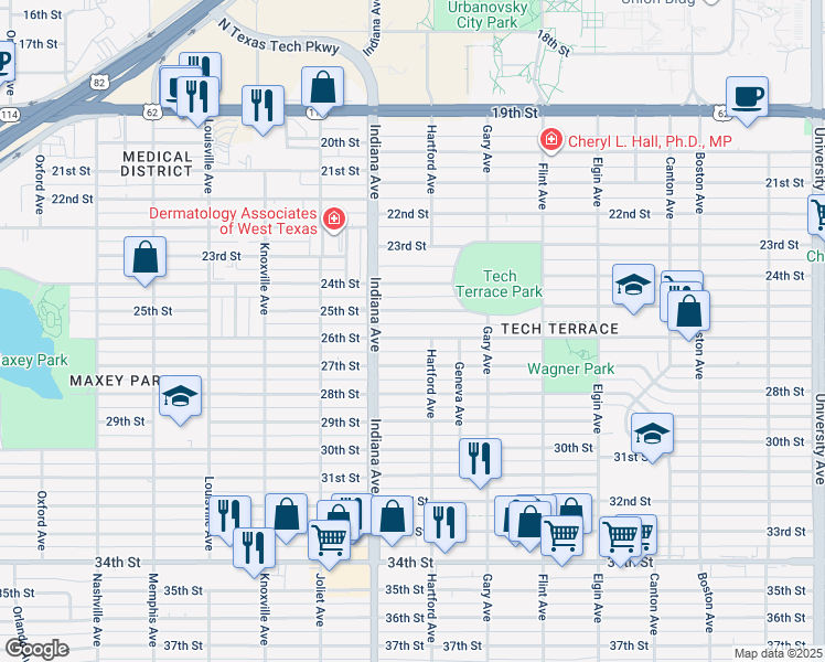 map of restaurants, bars, coffee shops, grocery stores, and more near 3310 26th Street in Lubbock