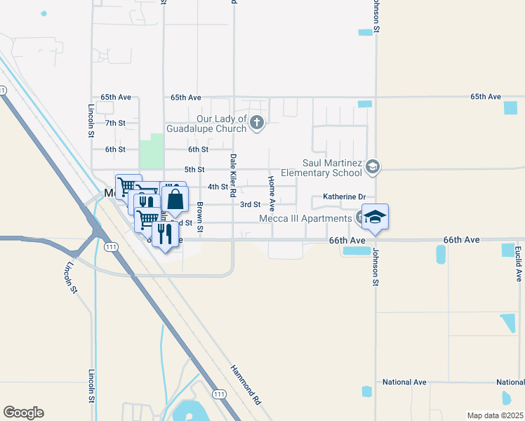 map of restaurants, bars, coffee shops, grocery stores, and more near 91605 3rd Street in Mecca