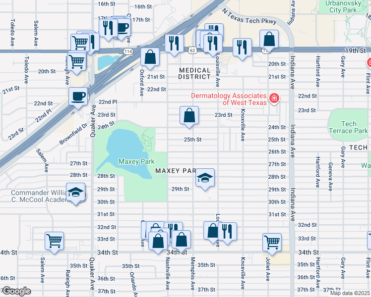 map of restaurants, bars, coffee shops, grocery stores, and more near 3802 25th Street in Lubbock