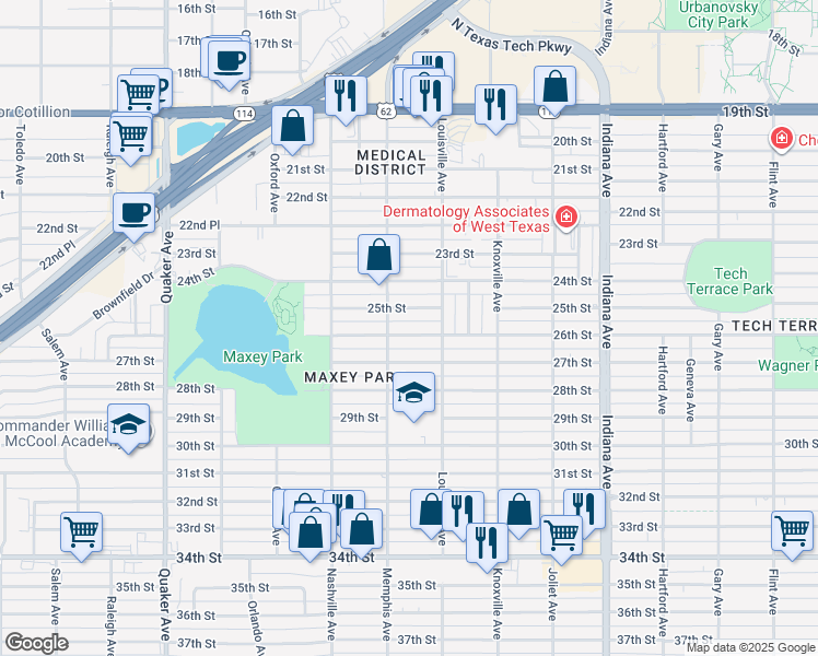 map of restaurants, bars, coffee shops, grocery stores, and more near 3708 25th Street in Lubbock