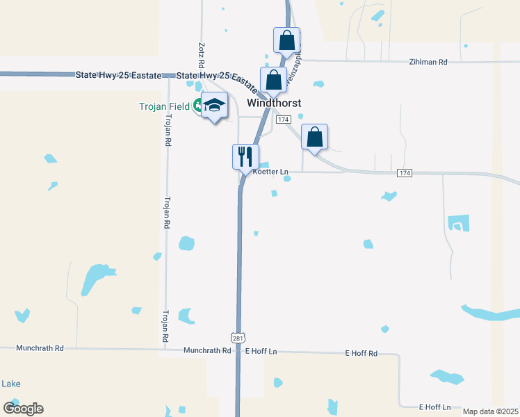 map of restaurants, bars, coffee shops, grocery stores, and more near 19119 U.S. 281 in Windthorst