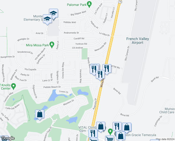 map of restaurants, bars, coffee shops, grocery stores, and more near 29861 Camden Circle in Murrieta
