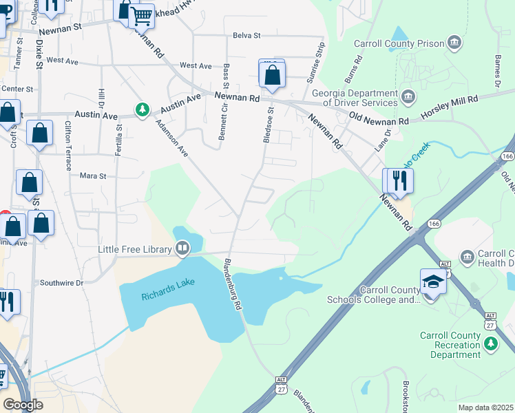 map of restaurants, bars, coffee shops, grocery stores, and more near 316 Bledsoe Street in Carrollton