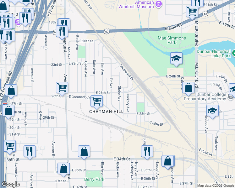 map of restaurants, bars, coffee shops, grocery stores, and more near 2412-2498 Globe Avenue in Lubbock