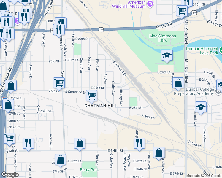 map of restaurants, bars, coffee shops, grocery stores, and more near 2412-2498 Globe Avenue in Lubbock
