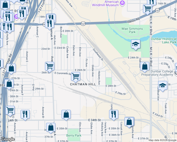 map of restaurants, bars, coffee shops, grocery stores, and more near 2412-2498 Globe Avenue in Lubbock