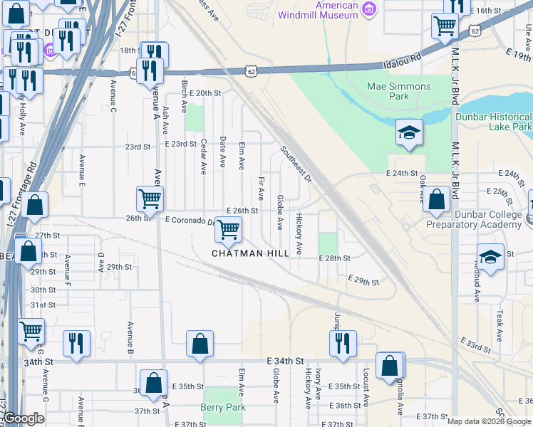 map of restaurants, bars, coffee shops, grocery stores, and more near 2412-2498 Globe Avenue in Lubbock