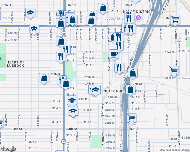 map of restaurants, bars, coffee shops, grocery stores, and more near 1318 25th Street in Lubbock