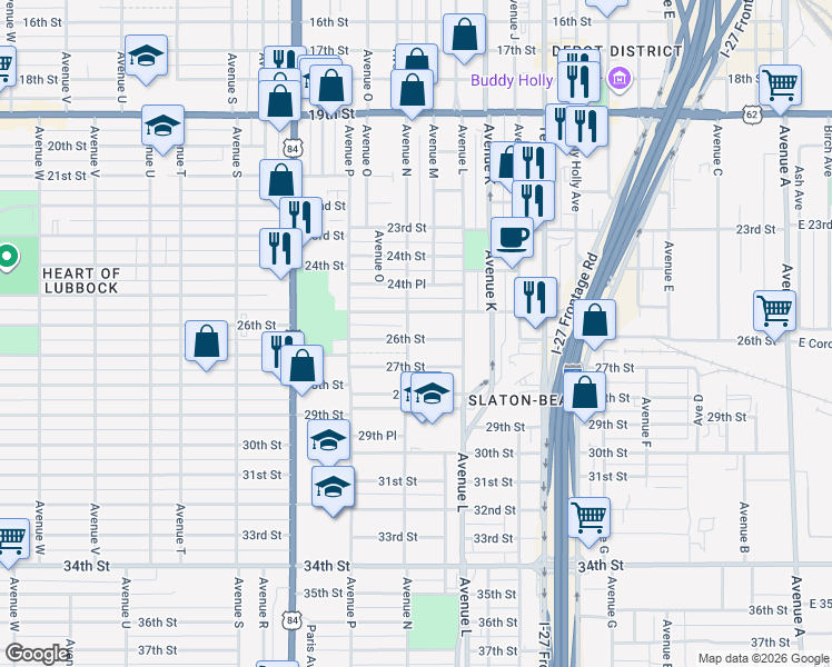 map of restaurants, bars, coffee shops, grocery stores, and more near 1318 25th Street in Lubbock