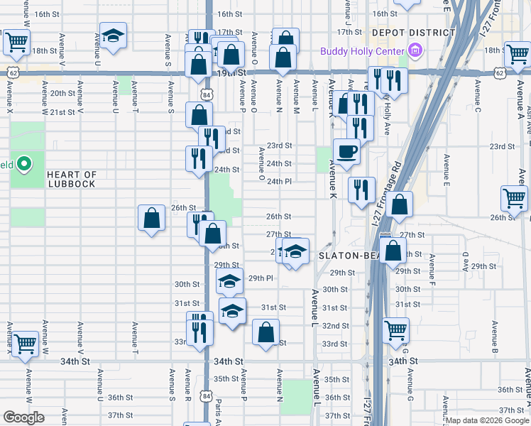 map of restaurants, bars, coffee shops, grocery stores, and more near 1506 25th Street in Lubbock