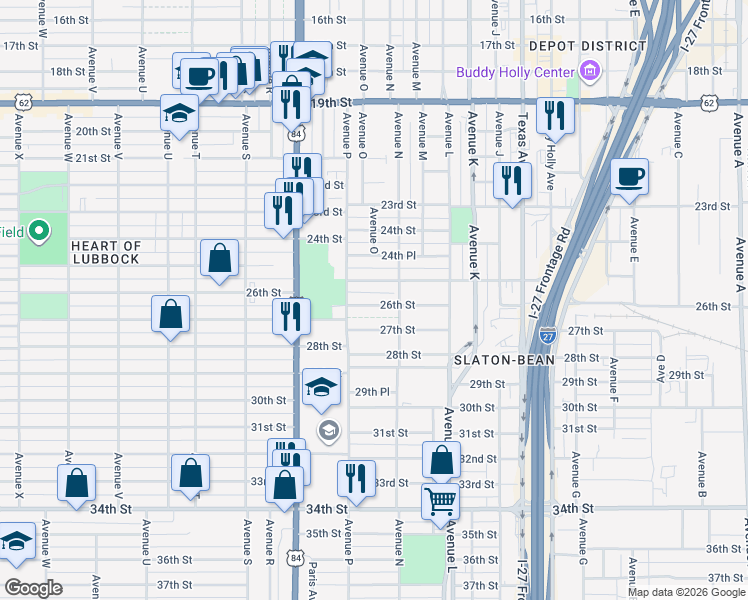 map of restaurants, bars, coffee shops, grocery stores, and more near 1506 25th Street in Lubbock
