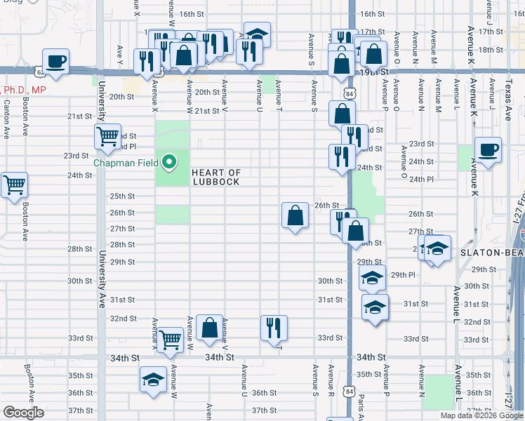 map of restaurants, bars, coffee shops, grocery stores, and more near 2103 25th Street in Lubbock