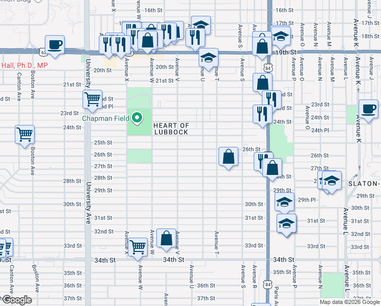 map of restaurants, bars, coffee shops, grocery stores, and more near 2114 26th Street in Lubbock