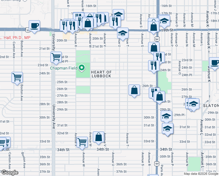 map of restaurants, bars, coffee shops, grocery stores, and more near 2114 26th Street in Lubbock