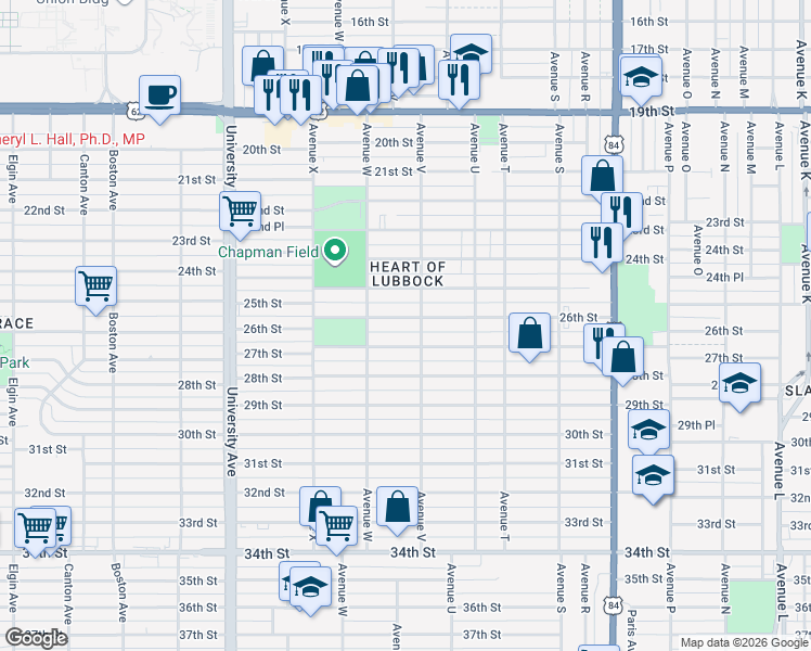 map of restaurants, bars, coffee shops, grocery stores, and more near 2208 26th Street in Lubbock