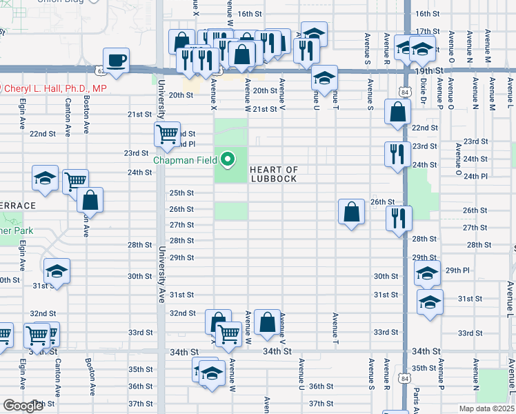 map of restaurants, bars, coffee shops, grocery stores, and more near 2223 25th Street in Lubbock