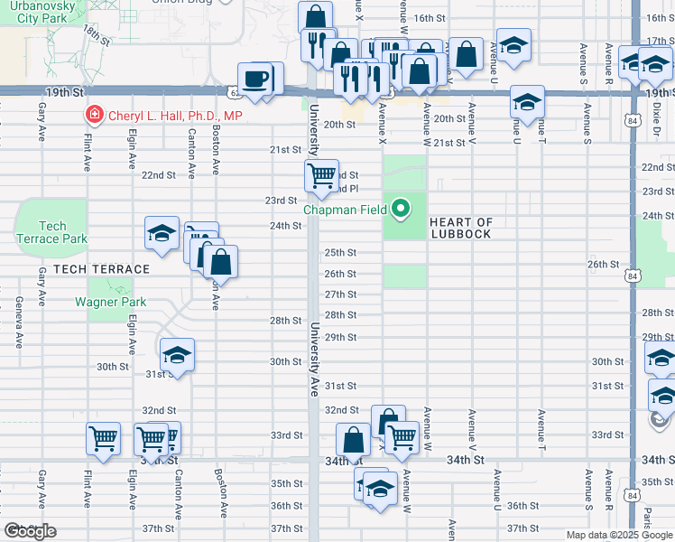 map of restaurants, bars, coffee shops, grocery stores, and more near 2428 25th Street in Lubbock
