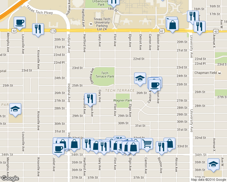 map of restaurants, bars, coffee shops, grocery stores, and more near 3101 25th St in Lubbock