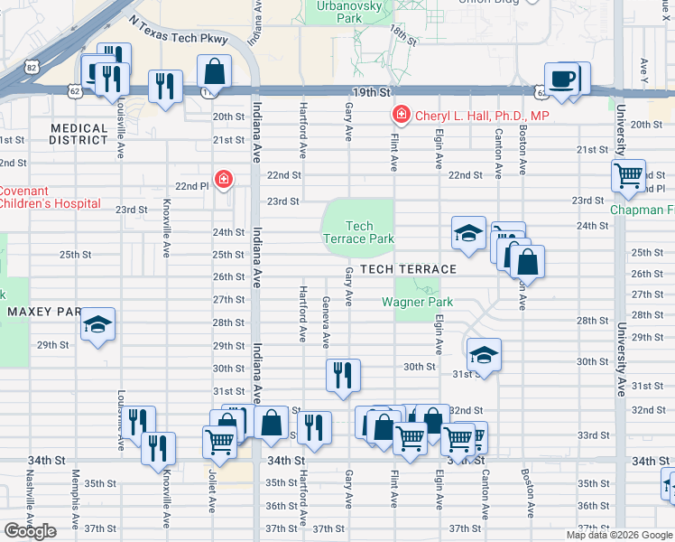 map of restaurants, bars, coffee shops, grocery stores, and more near 3211 25th Street in Lubbock