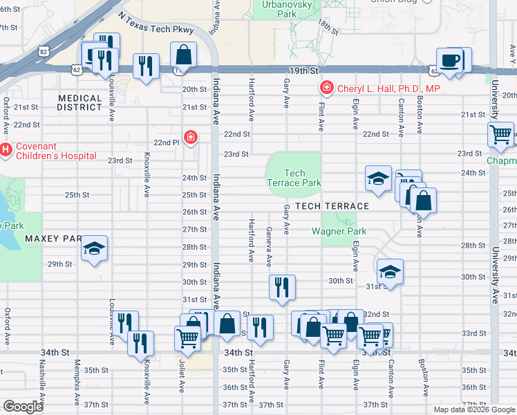 map of restaurants, bars, coffee shops, grocery stores, and more near 3211 25th Street in Lubbock