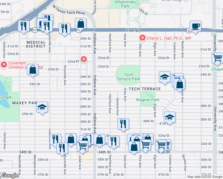 map of restaurants, bars, coffee shops, grocery stores, and more near 3306 25th Street in Lubbock
