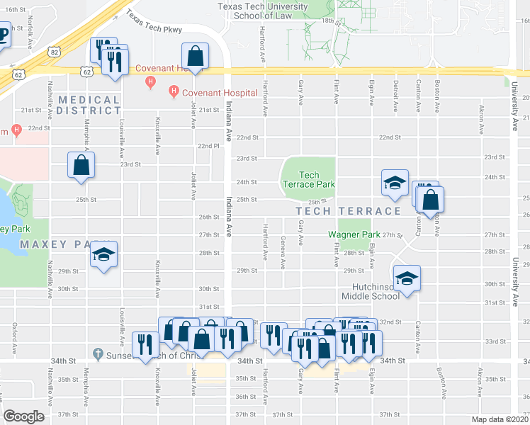 map of restaurants, bars, coffee shops, grocery stores, and more near 3306 25th Street in Lubbock