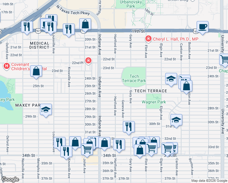 map of restaurants, bars, coffee shops, grocery stores, and more near 3306 25th Street in Lubbock
