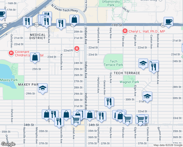 map of restaurants, bars, coffee shops, grocery stores, and more near 3318 25th Street in Lubbock