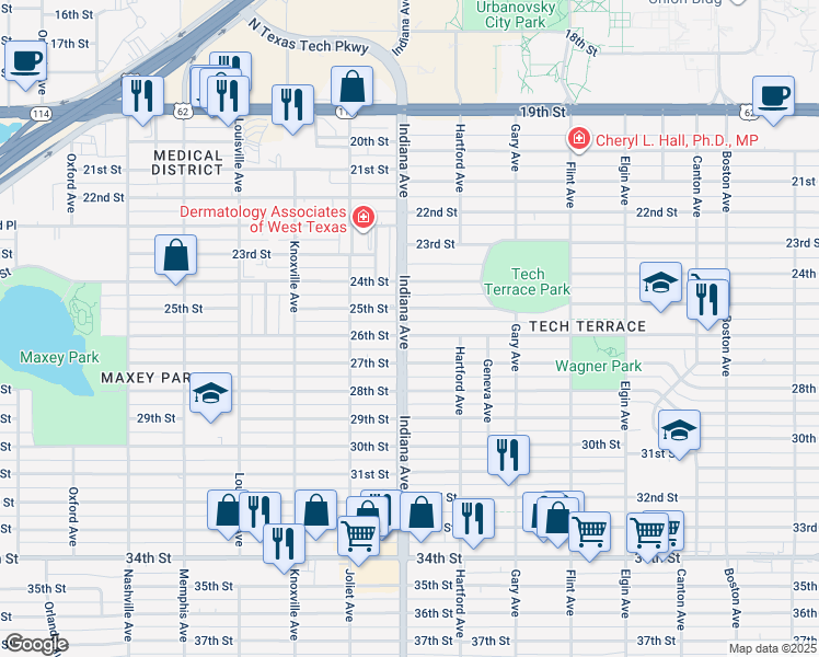 map of restaurants, bars, coffee shops, grocery stores, and more near 3318 25th Street in Lubbock