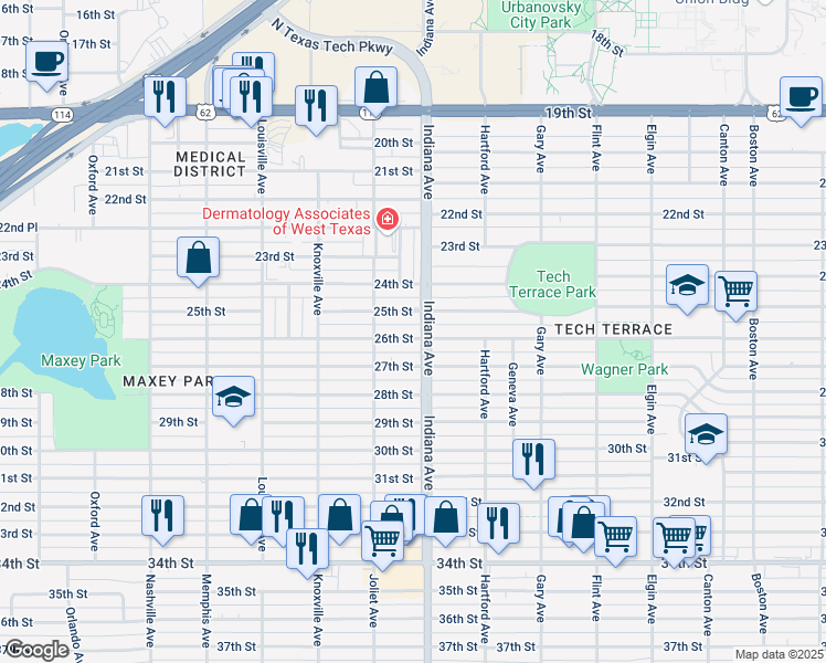 map of restaurants, bars, coffee shops, grocery stores, and more near 3412 25th Street in Lubbock