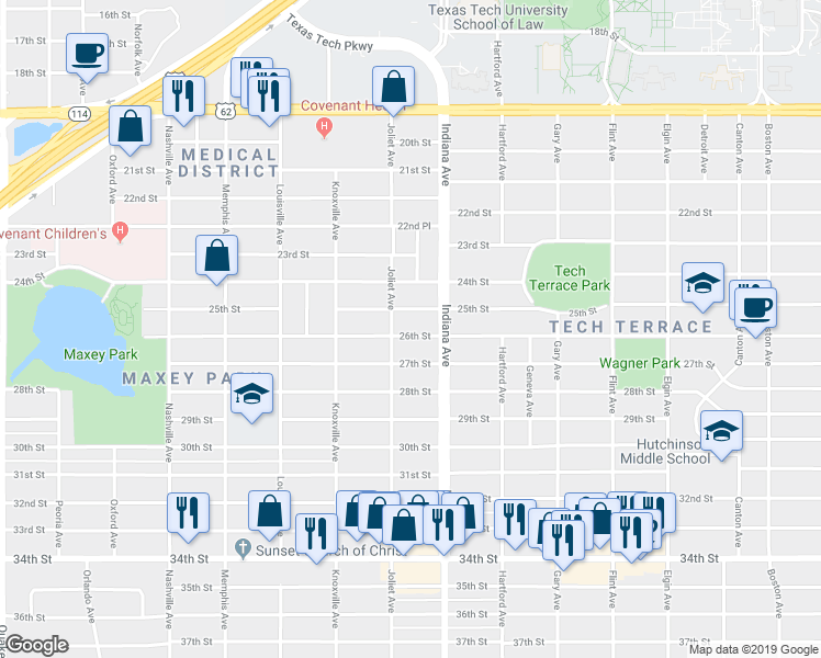 map of restaurants, bars, coffee shops, grocery stores, and more near 3412 25th Street in Lubbock