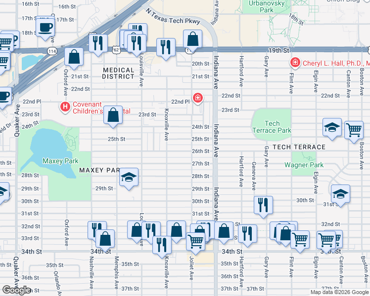 map of restaurants, bars, coffee shops, grocery stores, and more near 3506 25th Street in Lubbock