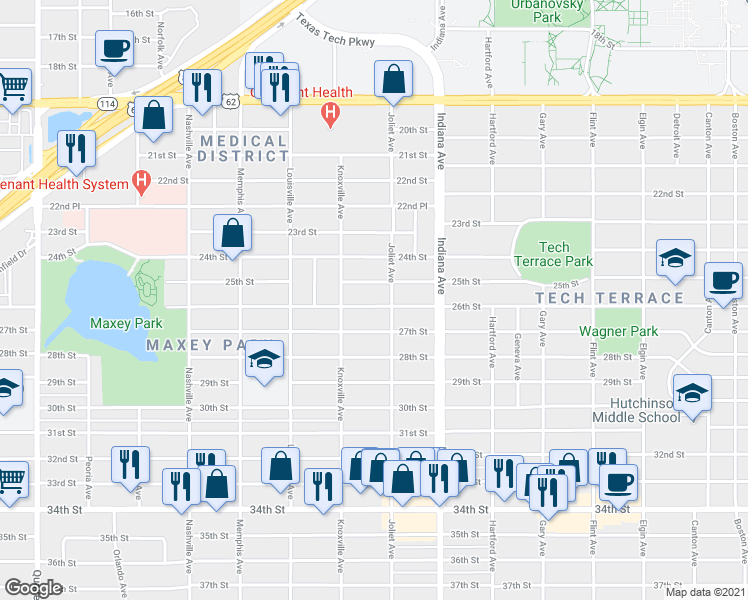 map of restaurants, bars, coffee shops, grocery stores, and more near 3506 25th Street in Lubbock