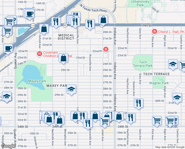 map of restaurants, bars, coffee shops, grocery stores, and more near 3520 25th Street in Lubbock