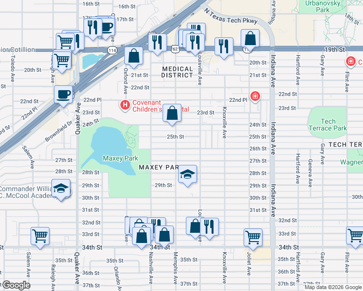 map of restaurants, bars, coffee shops, grocery stores, and more near 3802 25th Street in Lubbock