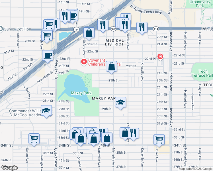 map of restaurants, bars, coffee shops, grocery stores, and more near 3818 25th Street in Lubbock