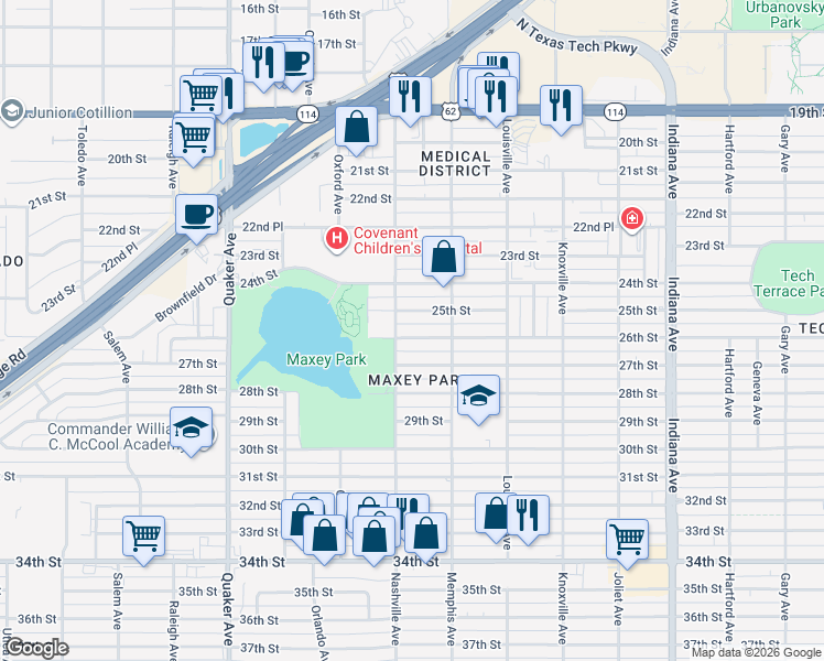 map of restaurants, bars, coffee shops, grocery stores, and more near 3818 25th Street in Lubbock