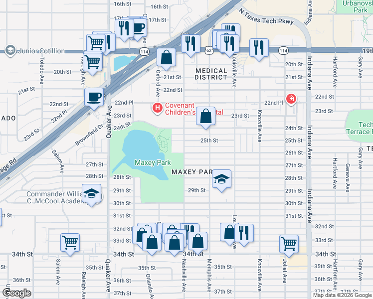 map of restaurants, bars, coffee shops, grocery stores, and more near 3818 25th Street in Lubbock