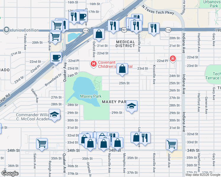 map of restaurants, bars, coffee shops, grocery stores, and more near 3818 25th Street in Lubbock