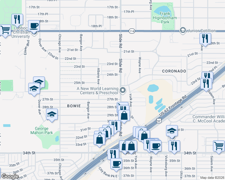 map of restaurants, bars, coffee shops, grocery stores, and more near 5211 24th Street in Lubbock