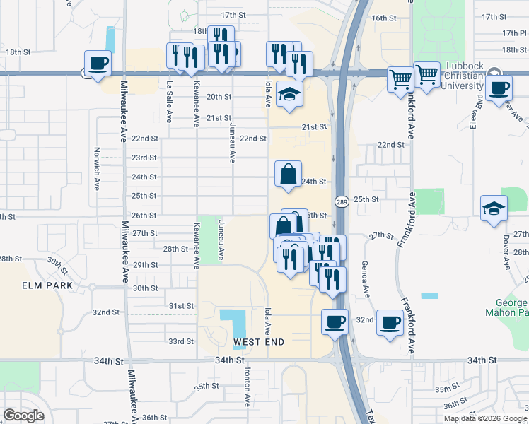 map of restaurants, bars, coffee shops, grocery stores, and more near 6105 25th Street in Lubbock