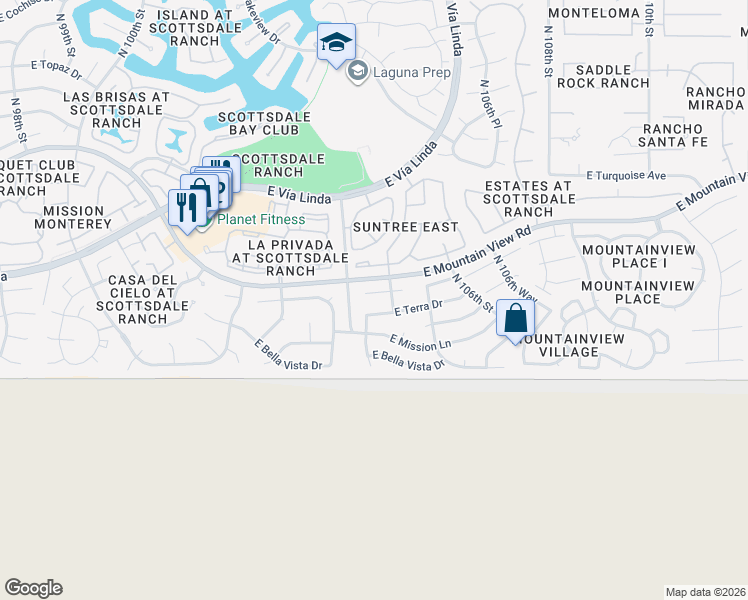 map of restaurants, bars, coffee shops, grocery stores, and more near 10490 East San Salvador Drive in Scottsdale