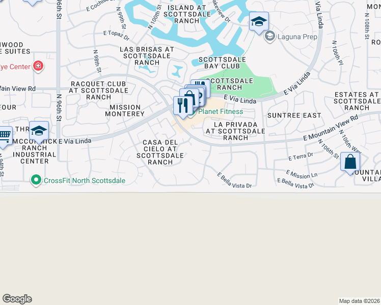map of restaurants, bars, coffee shops, grocery stores, and more near 9125 North 101st Way in Scottsdale