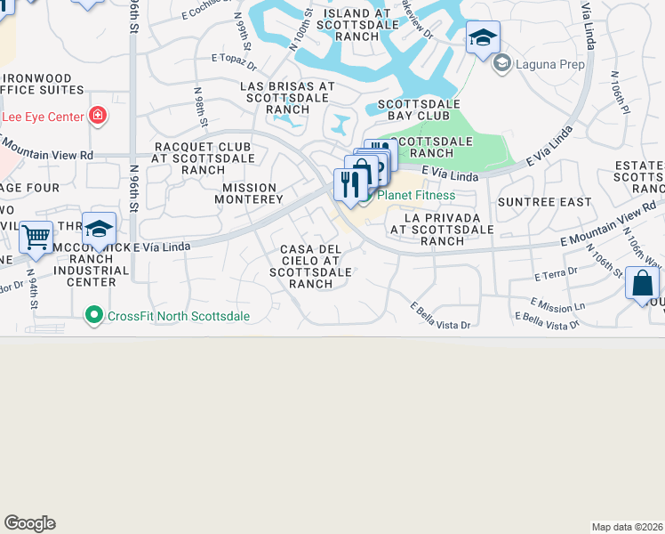 map of restaurants, bars, coffee shops, grocery stores, and more near 9215 North 101st Street in Scottsdale