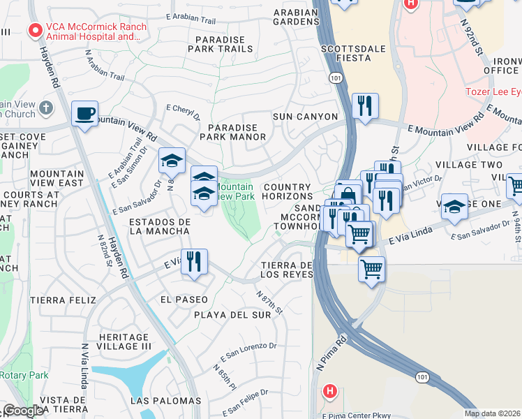 map of restaurants, bars, coffee shops, grocery stores, and more near 8716 East San Victor Drive in Scottsdale