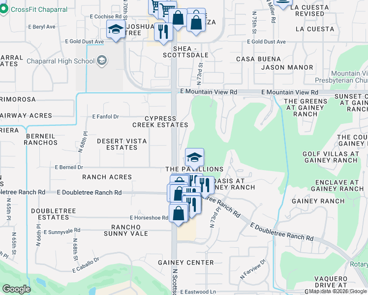 map of restaurants, bars, coffee shops, grocery stores, and more near 7166 East Berneil Lane in Paradise Valley